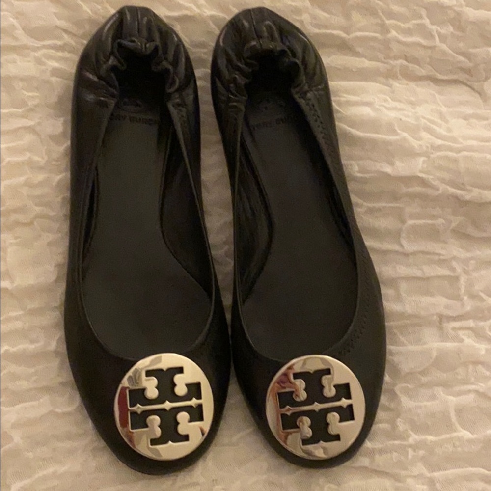 Tory Burch Black Leather Reva Ballet Flats with Gold Logo